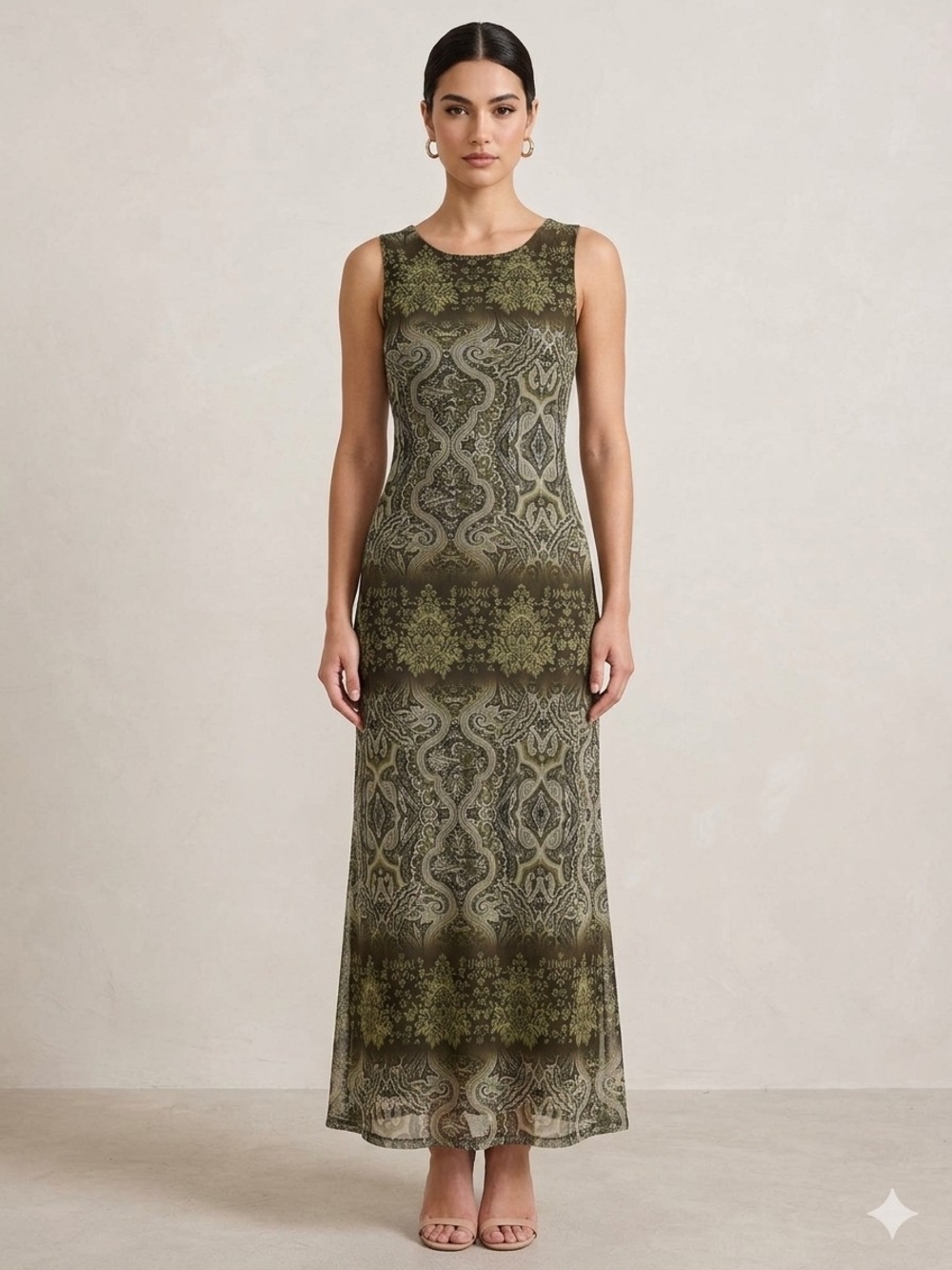 Vintage 90s Sleeveless Olive Green Maxi Dress Mesh Whimsigoth Grunge Boho Chic M